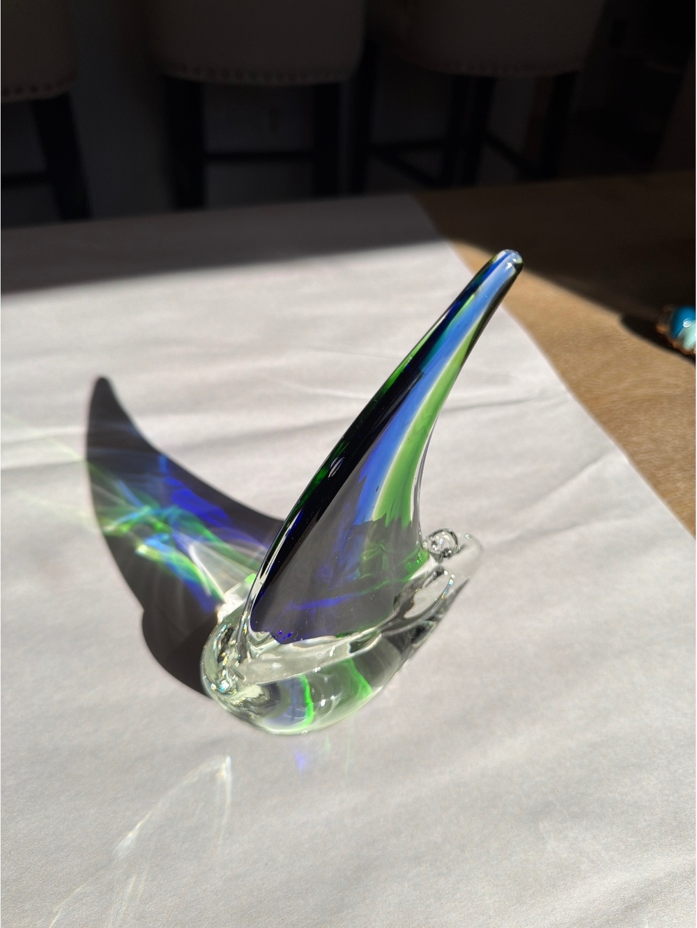 Vintage Murano Style Hand Blown Art Glass Sailboat Sculpture Blue Green sails